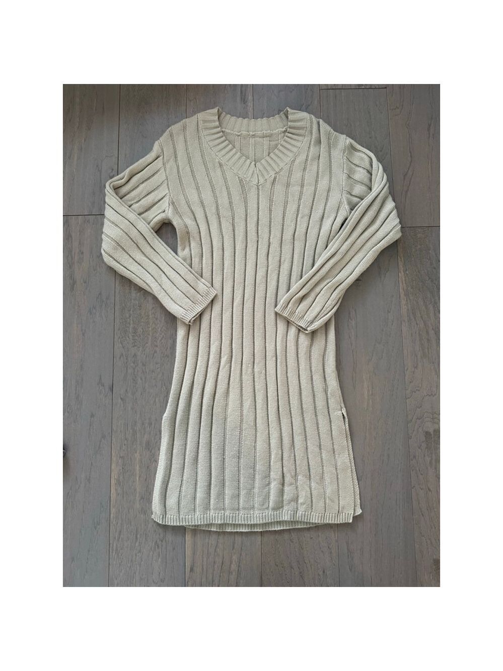 DAZY Beige Ribbed Knit Long Sleeve Midi Dress Medium